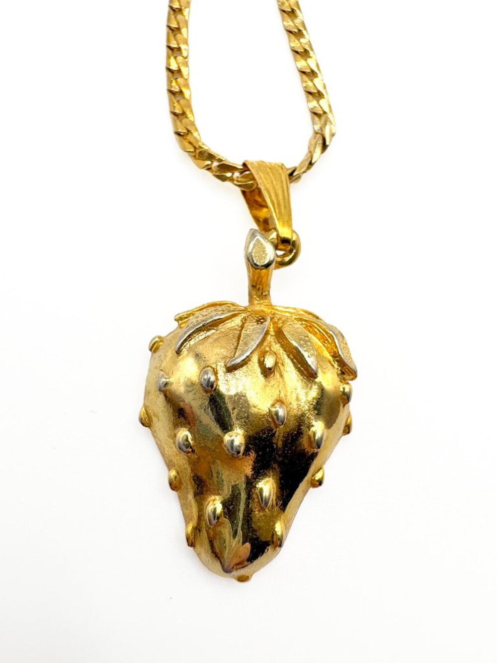 Vintage Gold Tone Strawberry Charm Necklace With Herringbone Chain